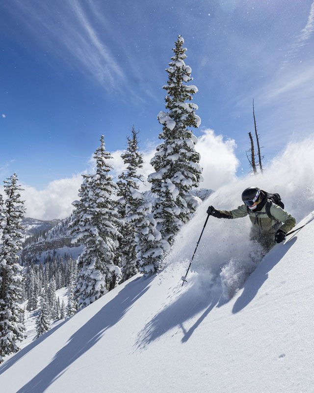 Skier riding on a Skis on the Run powder package ski rental delivery in Deer Valley.