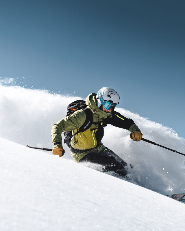 Skier riding on a Skis on the Run premium ski rental in Deer Valley.