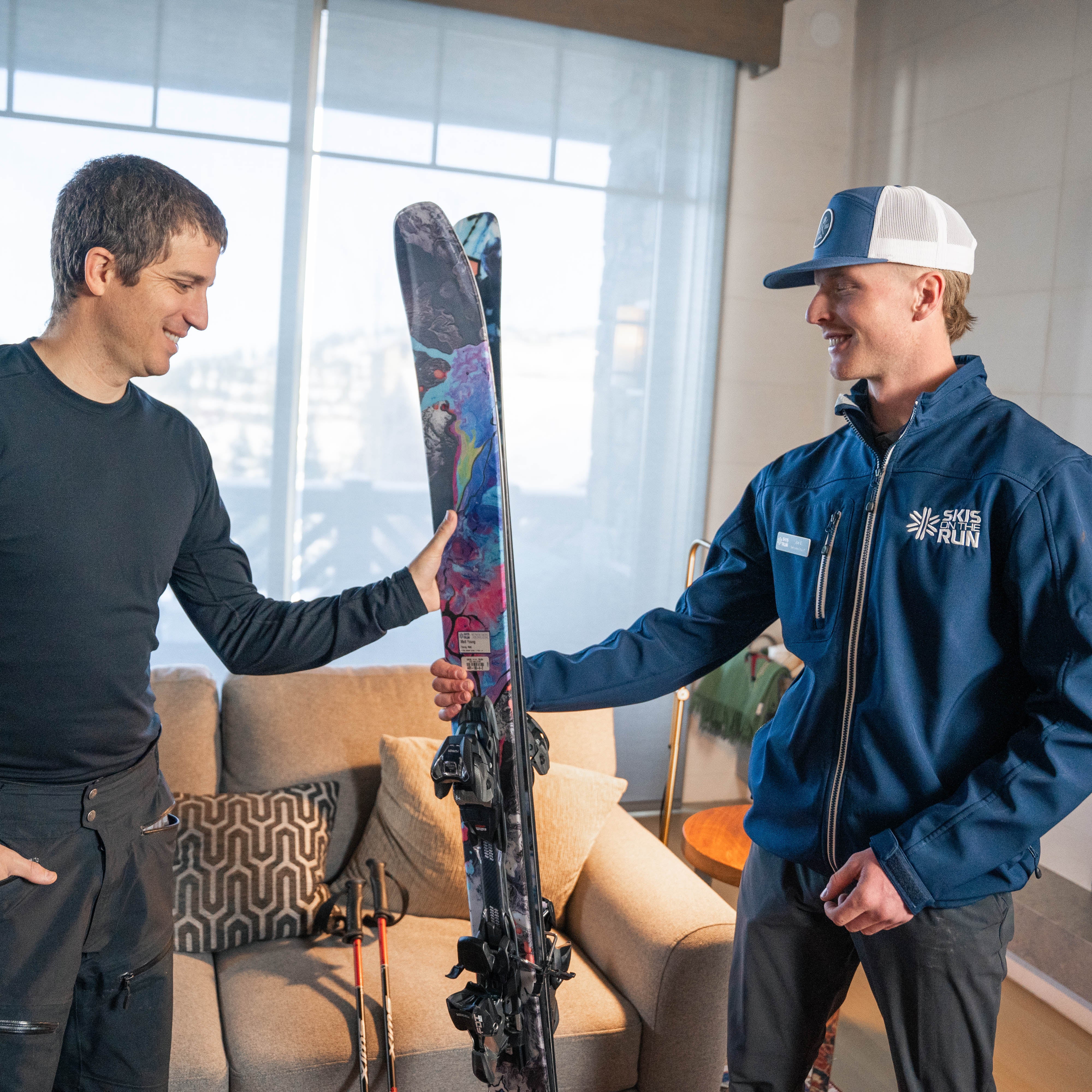 Skis on the Run employee delivering a ski rental in lodging at Deer Valley, Utah