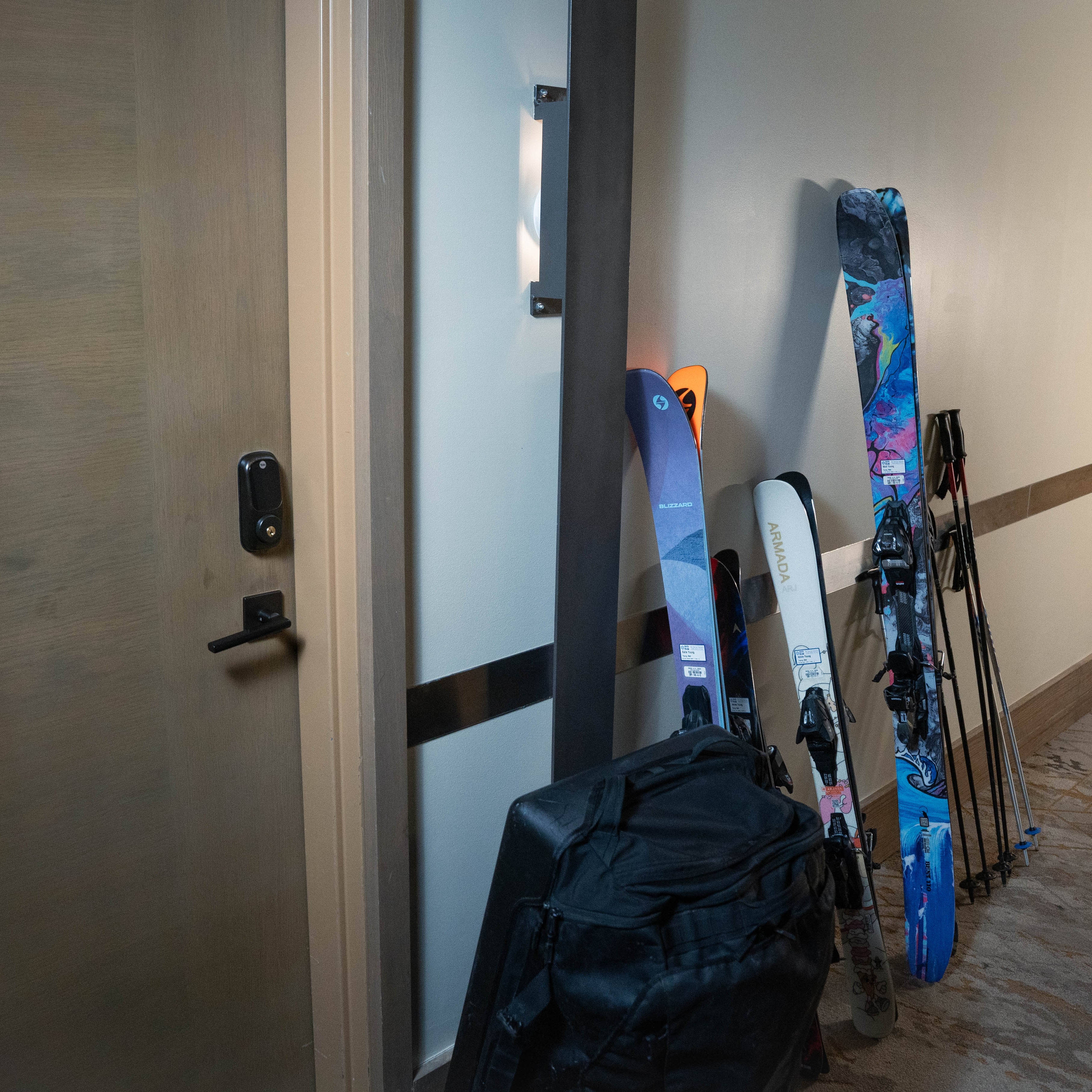Skis on the Run ski rental placed outside lodging for contactless pick-up