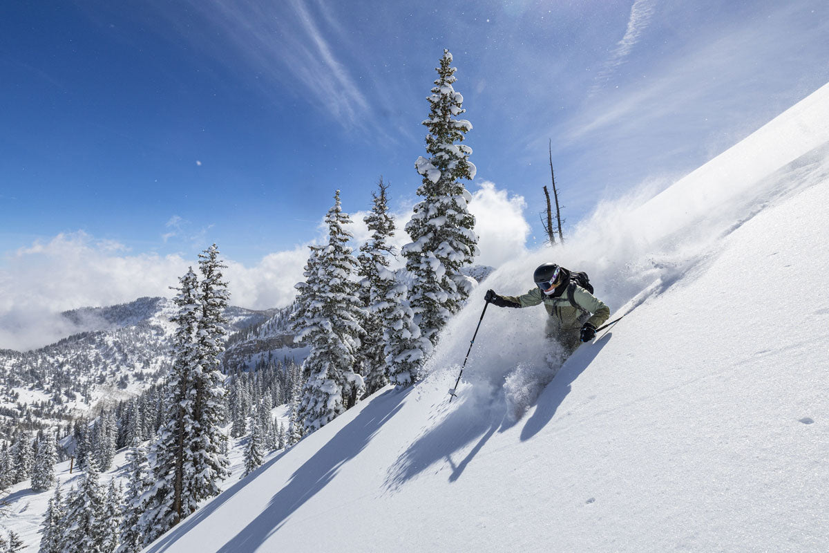 Skier riding on a Skis on the Run powder package ski rental delivery in Deer Valley.